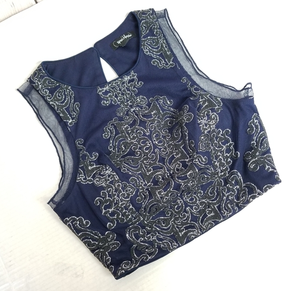 SPEECHLESS royal blue damask velvet crop top - Picture 2 of 8